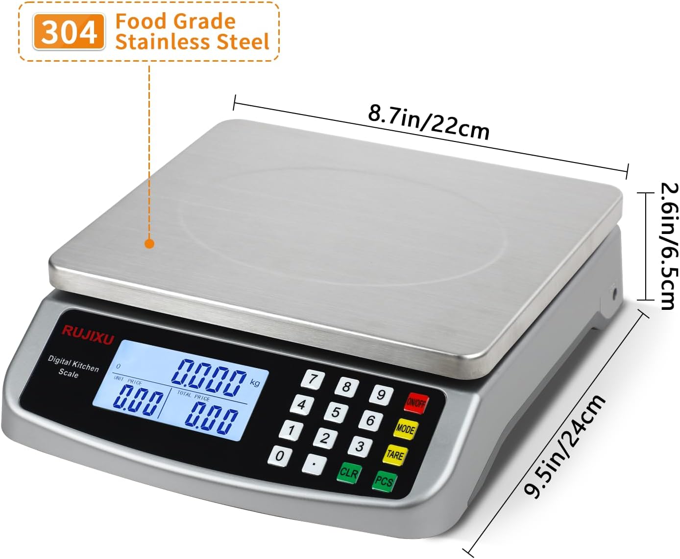 Scale 88lb/40kg Large Digital Kitchen Scale 0.05oz/1g with Price Computing Commercial Scale 304 Stainless Steel gram Scale for Baking Cooking Meat Restaurant ，USB or AA Battery(Included)