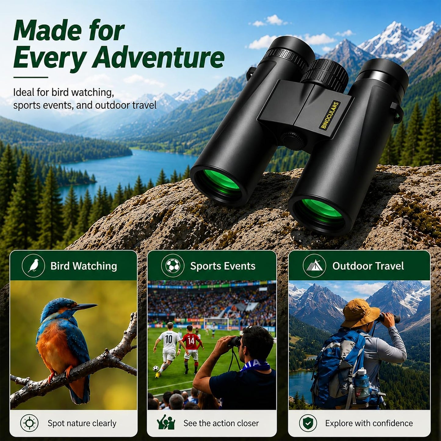 12x42 Binoculars for Adults, High Powered Binoculars with Large Eyepiece, Lightweight HD BAK4 Prism for Bird Watching, Travel, Hunting, Camping, Sports