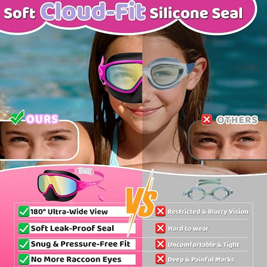 Swim Goggles, Kids Goggles with Earplugs& Nose Clip Wide View Anti-Fog/UV Swimming Goggles for Age 3-15 Boys Girls