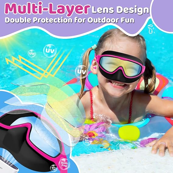 Swim Goggles, Kids Goggles with Earplugs& Nose Clip Wide View Anti-Fog/UV Swimming Goggles for Age 3-15 Boys Girls
