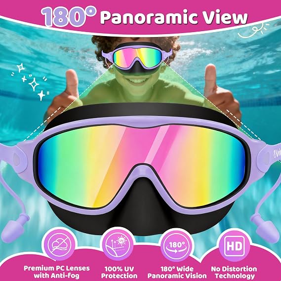 Swim Goggles, Kids Goggles with Earplugs& Nose Clip Wide View Anti-Fog/UV Swimming Goggles for Age 3-15 Boys Girls